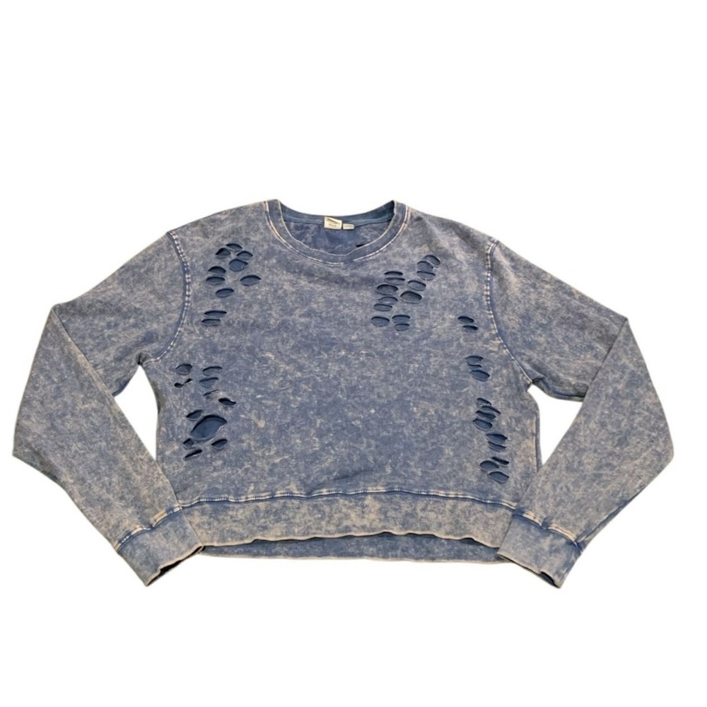 IJOAH Sweatshirt Womens Small Blue Distressed Acid Wash Cropped Grunge Edgy